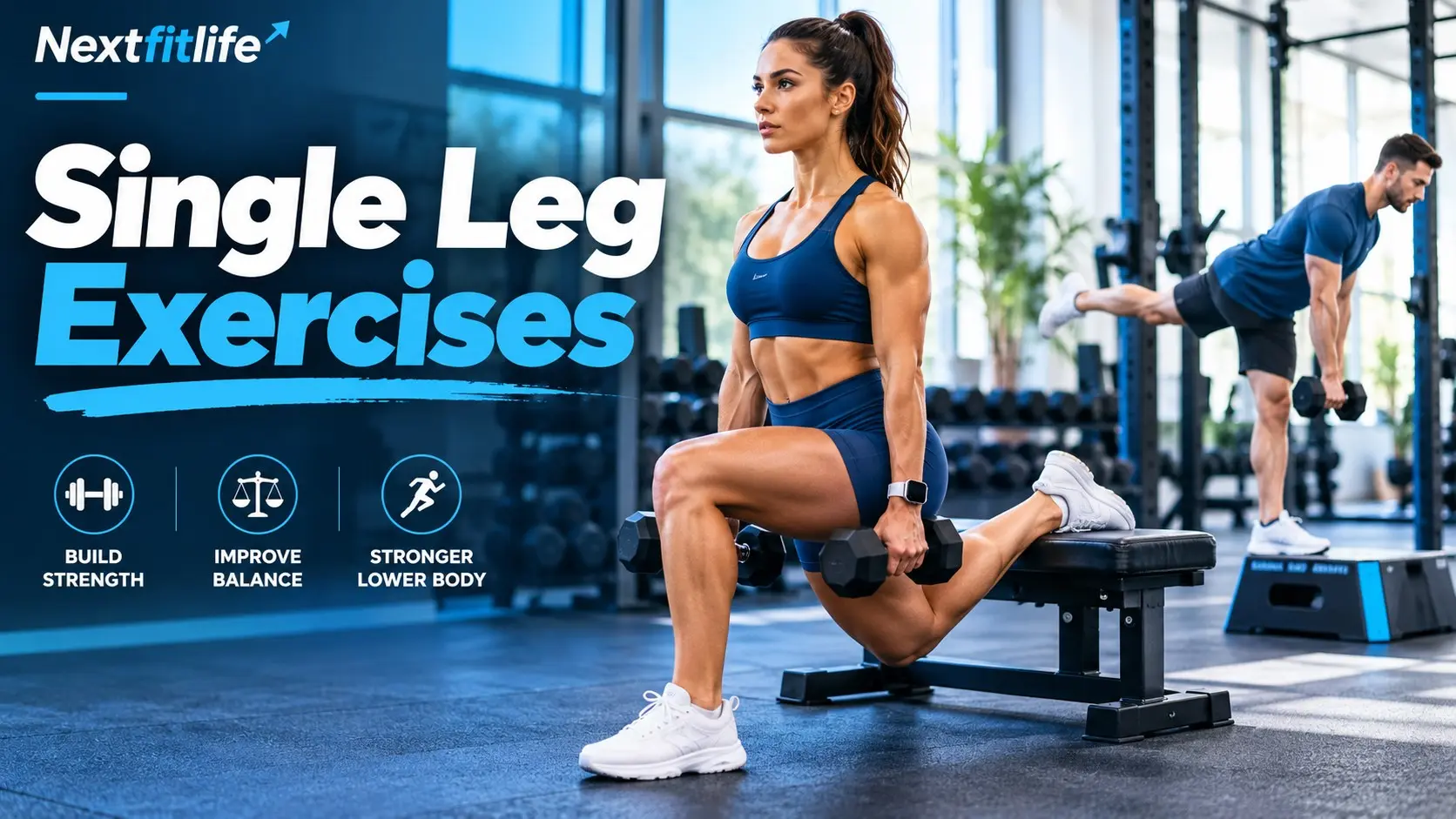 Single Leg Exercises showing split squats, step ups, single leg deadlifts, lunges, calf raises, and balance training
