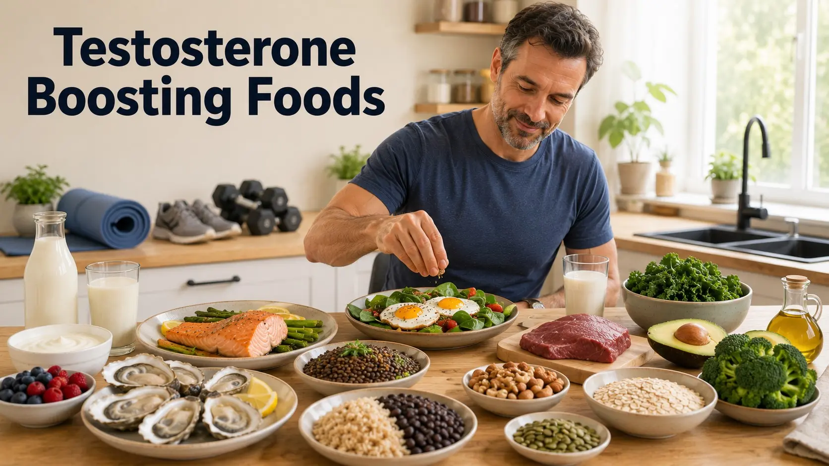 Testosterone Boosting Foods with oysters, salmon, eggs, yogurt, lean beef, pumpkin seeds, beans, greens, nuts, oats, avocado, and broccoli.