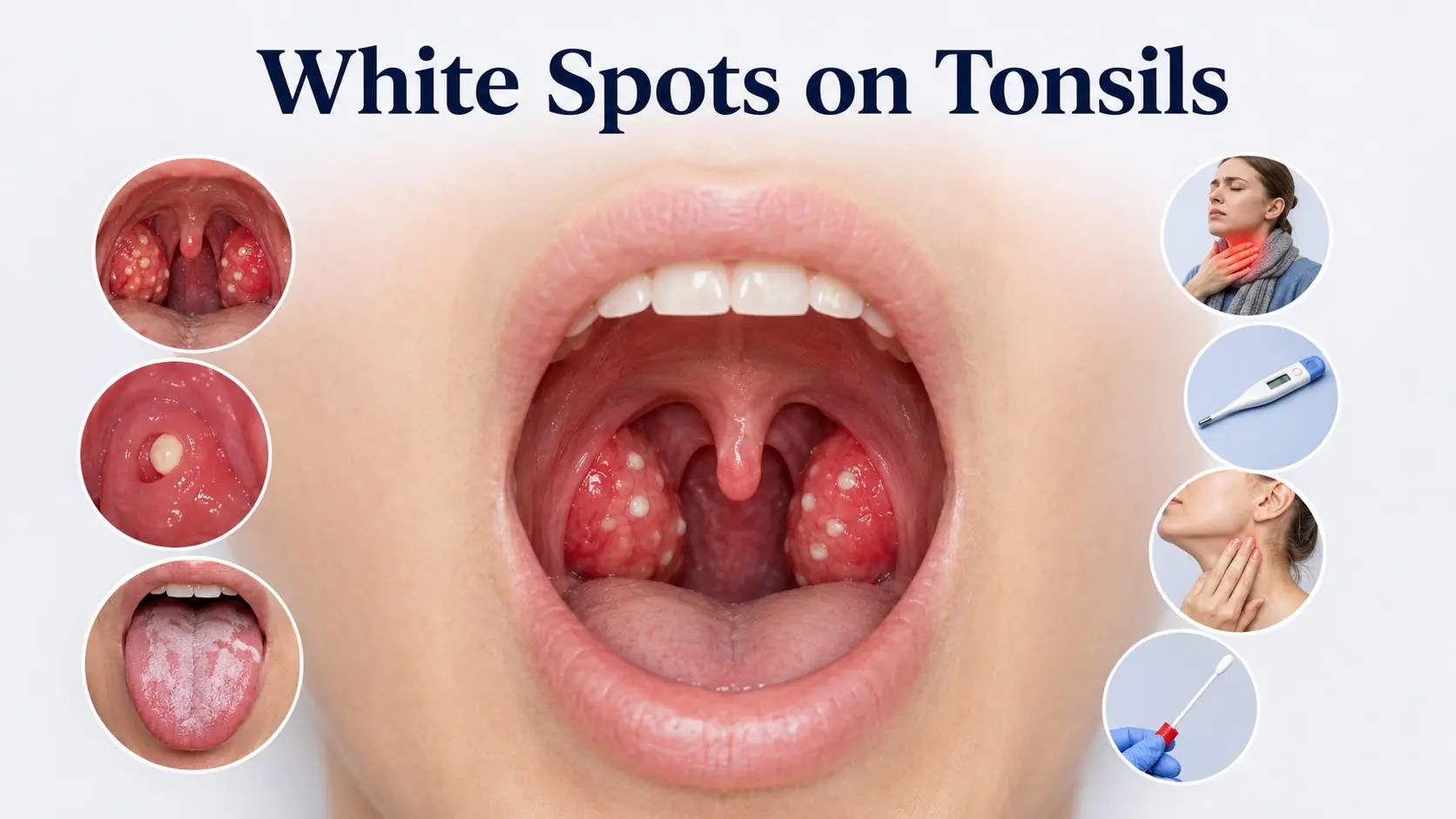 White spots on tonsils guide showing swollen tonsils with white patches, tonsil stones, sore throat symptoms, testing, and warning signs