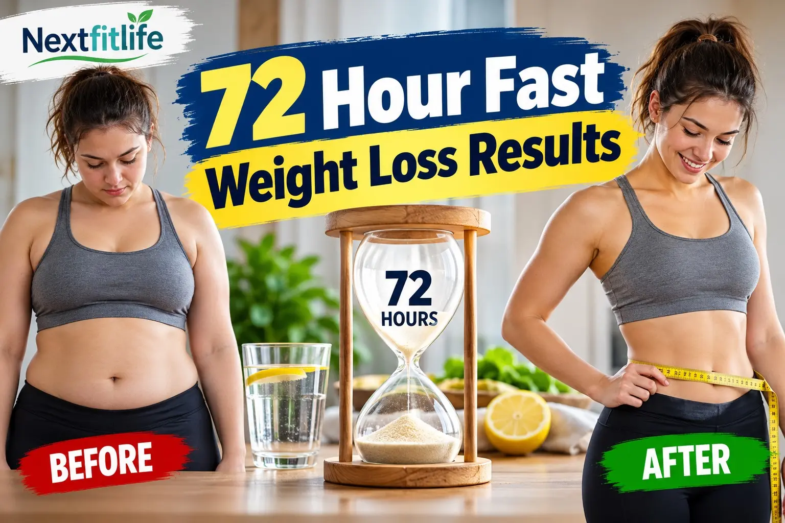 72 Hour Fast Weight Loss Results showing a scale, water glass, fasting clock, and realistic body weight changes over three days