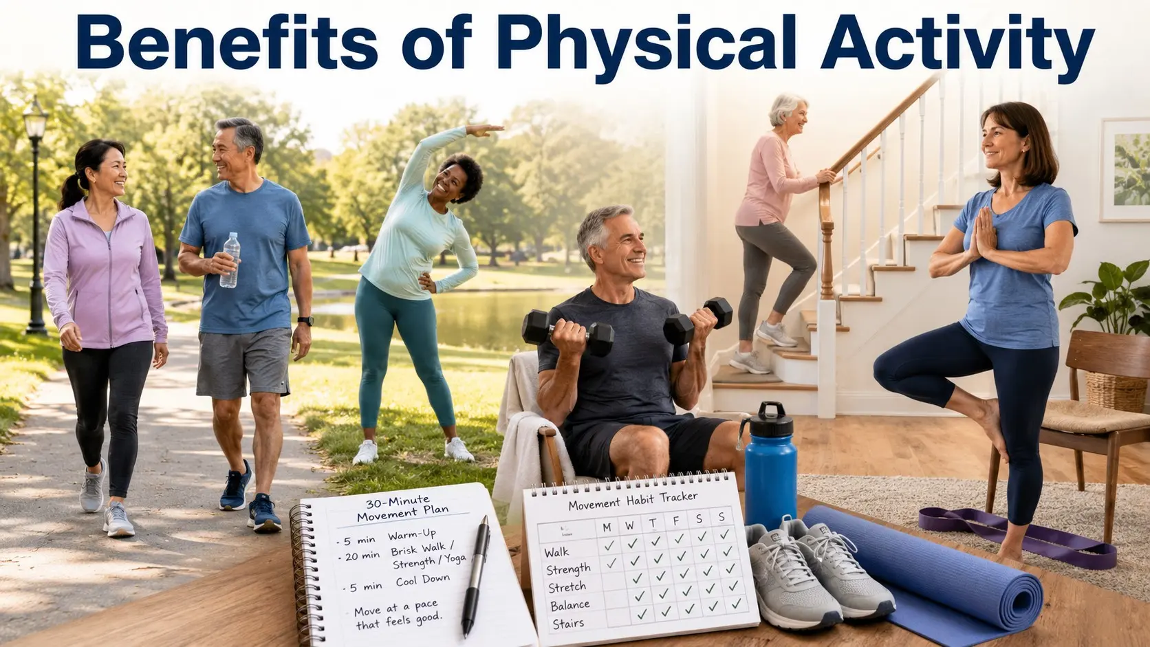 Benefits of Physical Activity guide with adults walking, stretching, lifting light weights, using a chair, drinking water, and planning 30 minutes of movement