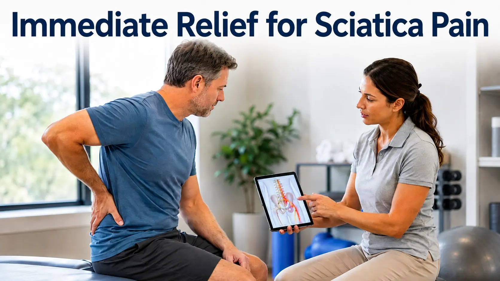 Immediate relief for sciatica pain- Adult with sciatica discusses radiating leg pain, safe movement, and treatment options with a physical therapist in a modern clinic.