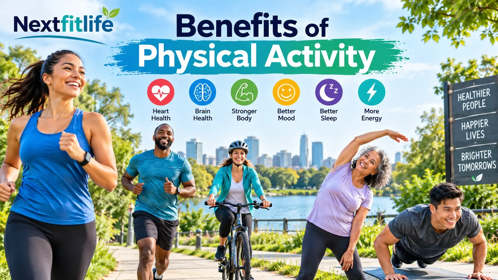 Benefits of Physical Activity showing walking, strength training, cycling, heart health, brain health, mood, sleep, and daily energy