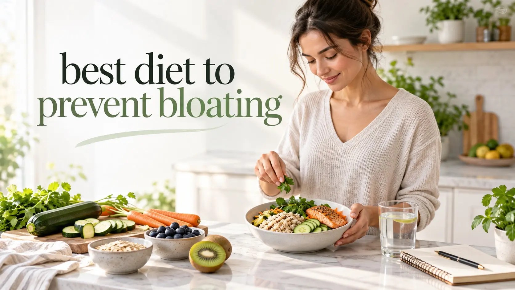 best diet to prevent bloating with smaller balanced meals, water, rice, vegetables, fruit, and a food symptom journal