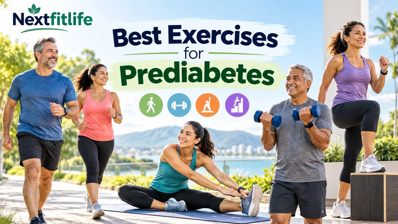 Best Exercises for Prediabetes showing brisk walking, strength training, cycling, swimming, post meal walking, and safe daily movement