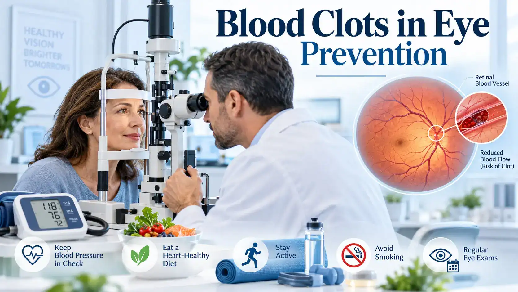 blood clots in eye prevention through blood pressure, diabetes, cholesterol, smoking, glaucoma, and eye health checks