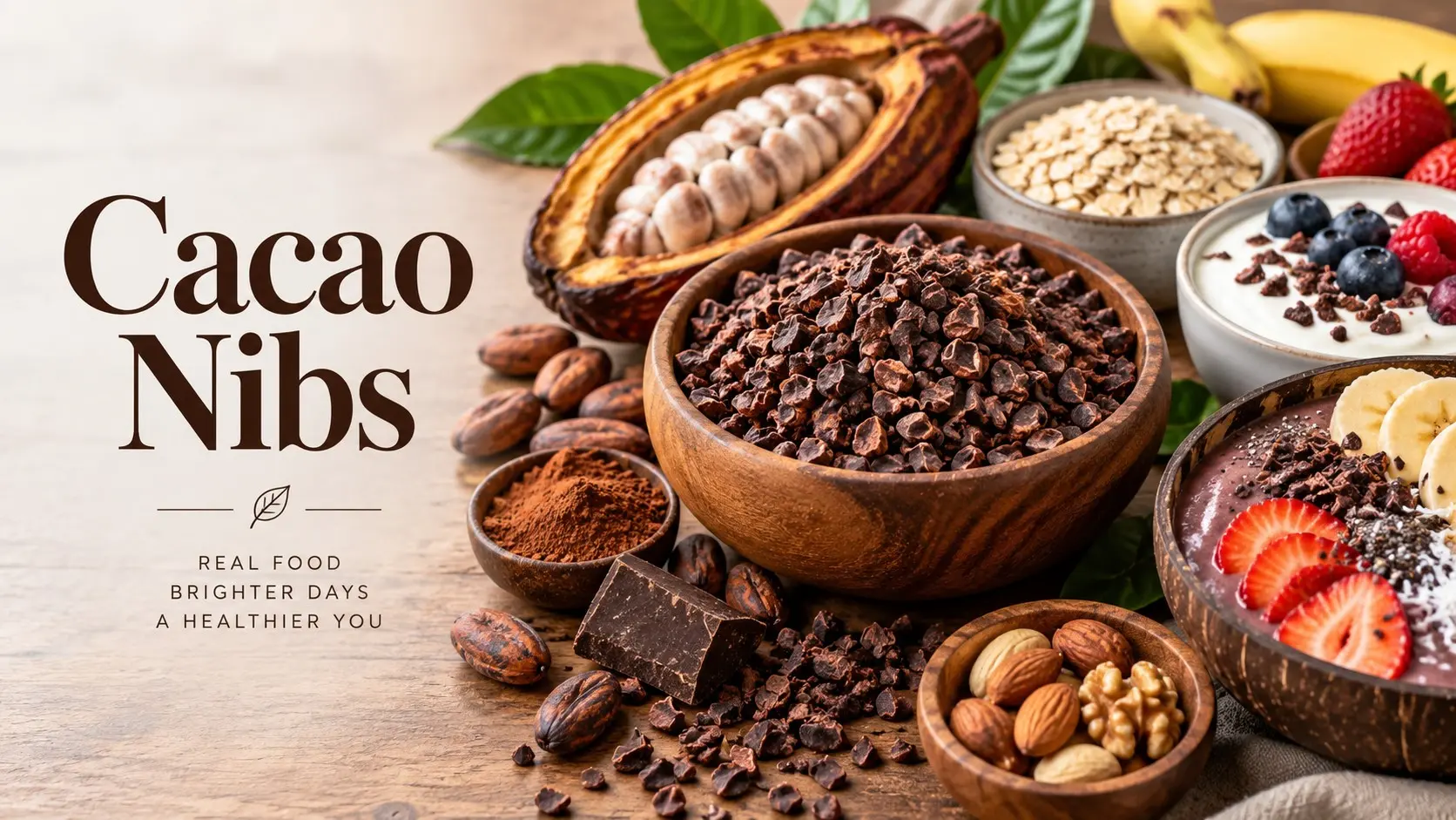 Cacao Nibs in a wooden bowl with cacao beans, berries, oatmeal, yogurt, fruit, and other nutritious foods
