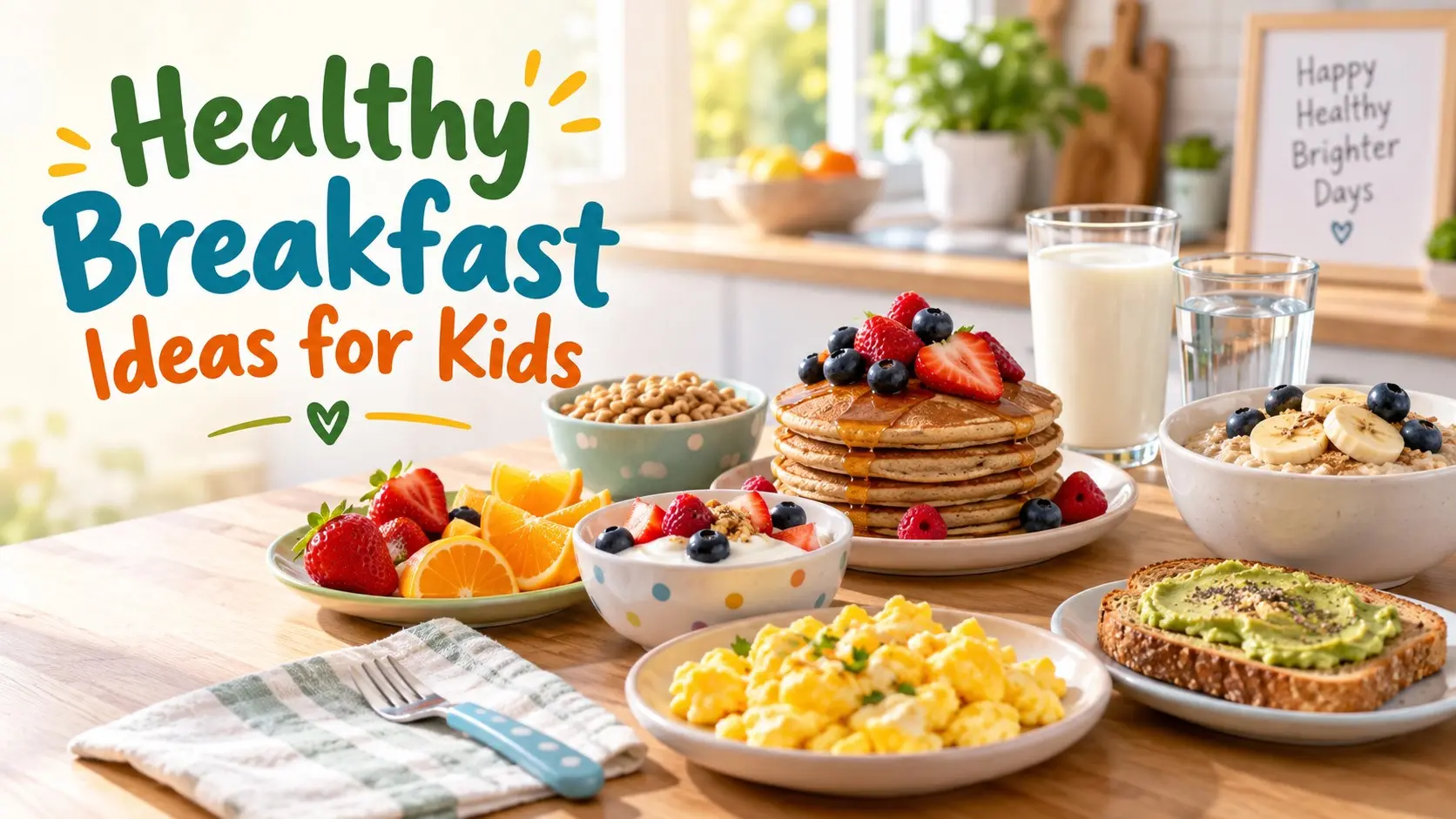 Healthy Breakfast Ideas for Kids with oatmeal, eggs, berries, yogurt, whole grain toast, fruit, and other colorful breakfast foods.