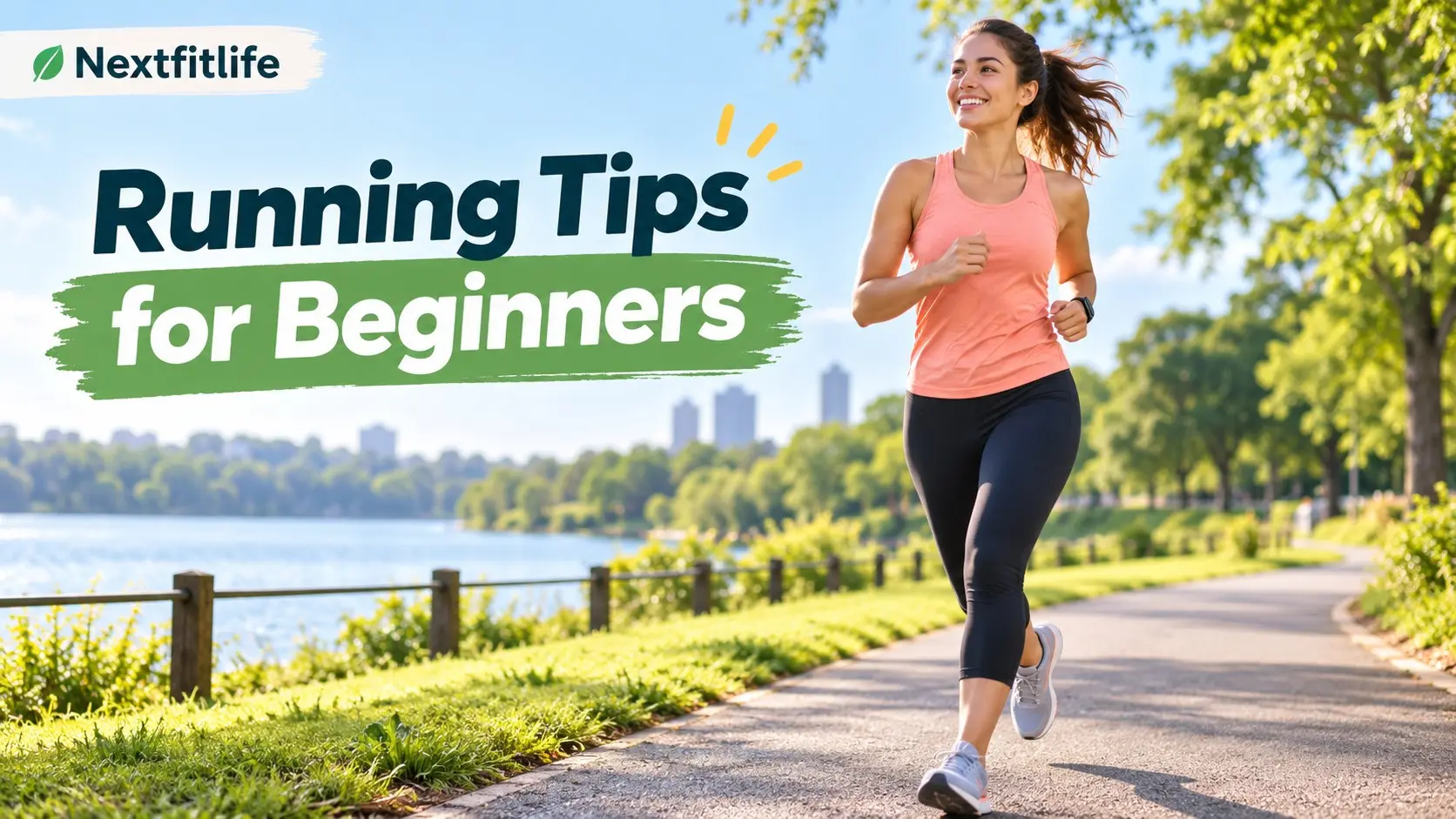 Running Tips for Beginners showing a new runner using easy pacing, walk run training, comfortable shoes, strength work, and recovery