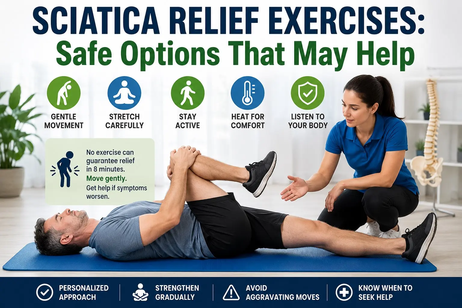 sciatica relief exercises - Adult with sciatica practices gentle supervised movement while a physical therapist explains safe exercise options in a modern clinic.