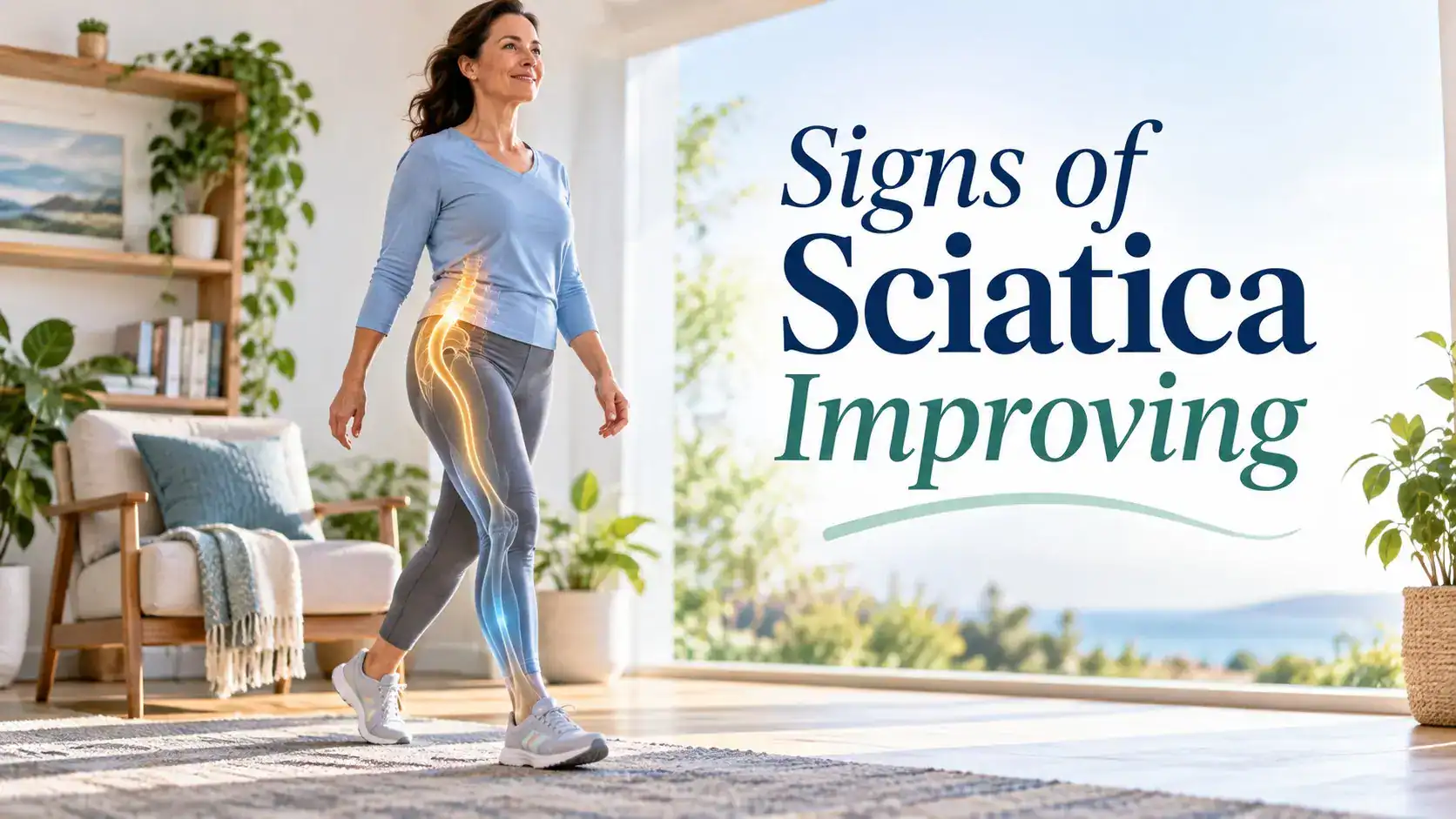 signs of sciatica improving as leg pain retreats and walking, strength, sleep, and daily movement become easier