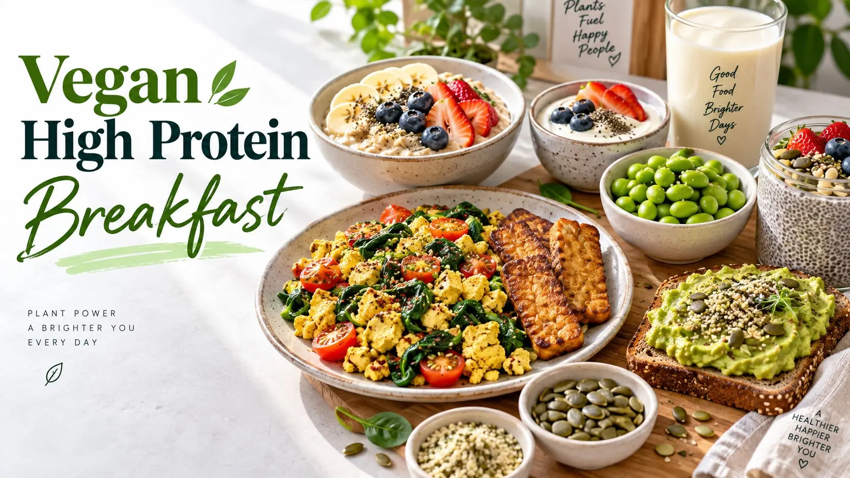 Vegan High Protein Breakfast with tofu, oats, soy yogurt, berries, lentils, edamame, chia seeds, and other plant protein foods.