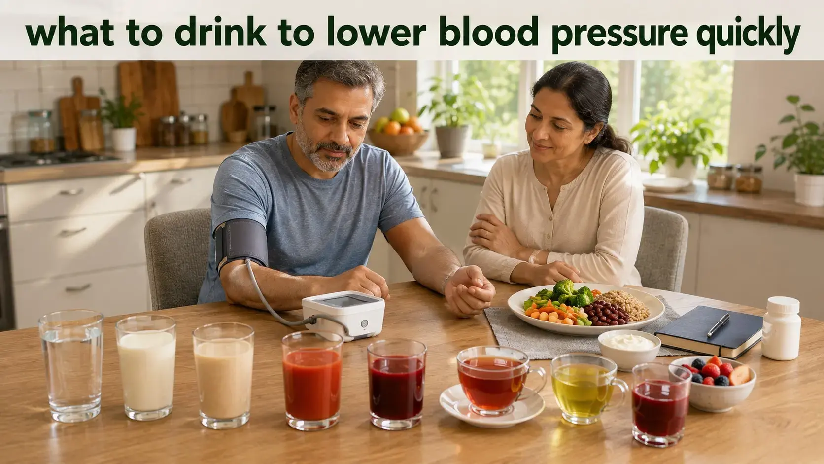 What to drink to lower blood pressure quickly, with water and heart healthy drinks beside a person checking blood pressure safely.