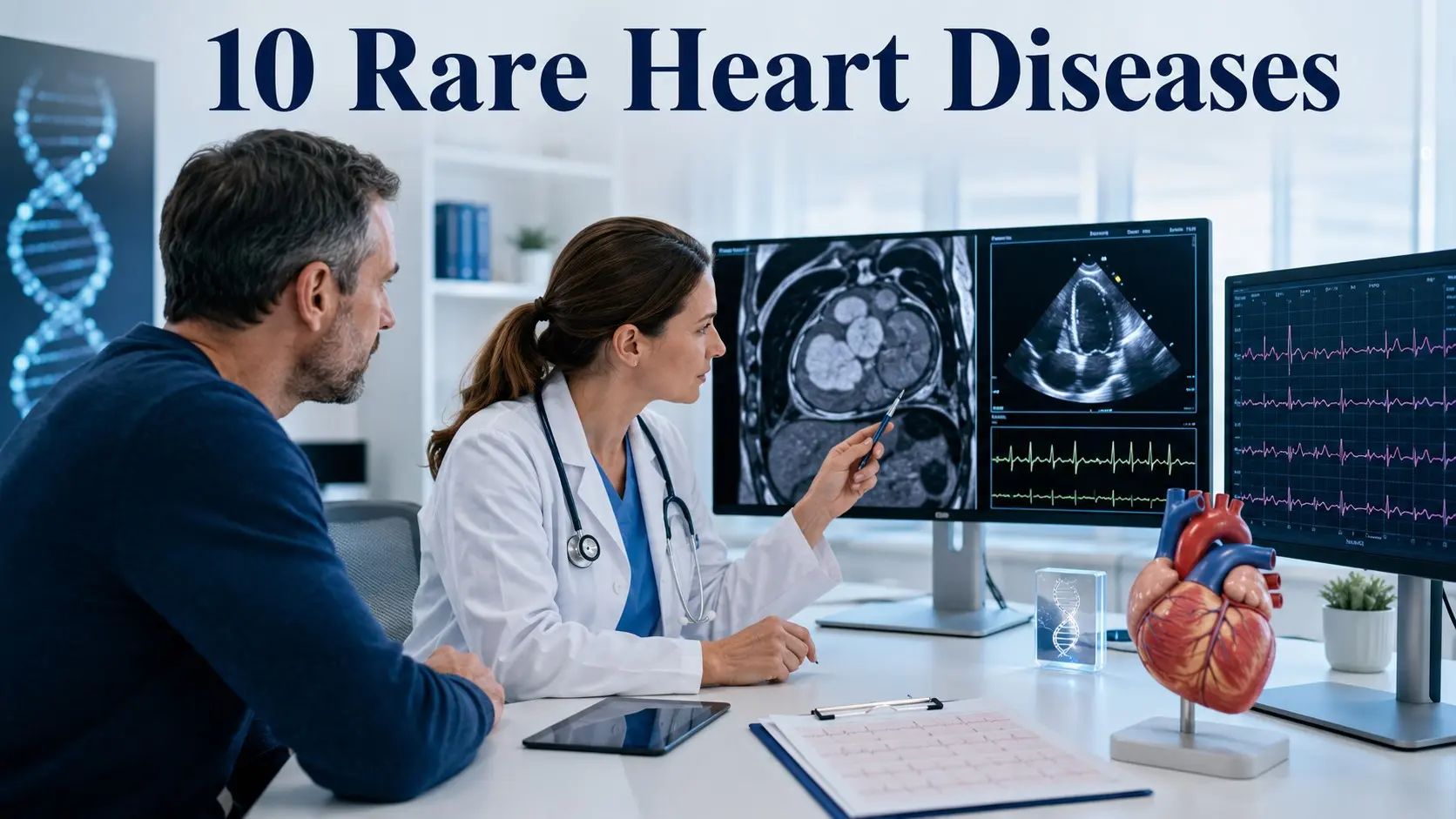 10 Rare Heart Diseases - Cardiologist reviewing heart imaging and an ECG with a patient while explaining rare heart diseases and inherited cardiac conditions