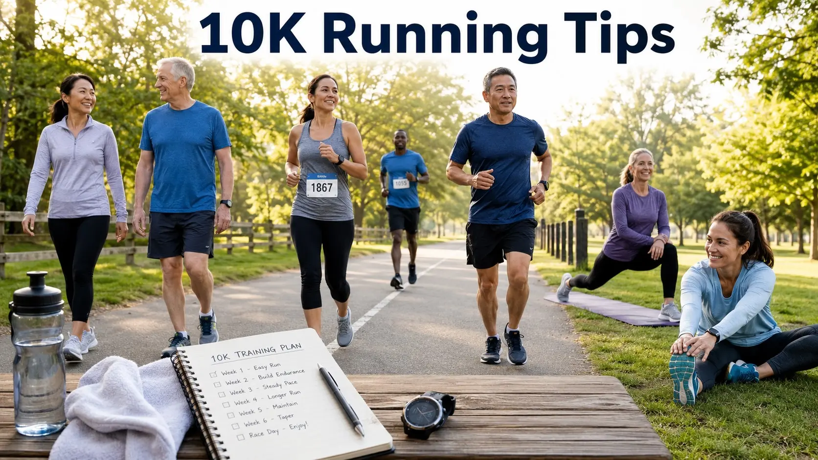 10K Running Tips guide with adults warming up, jogging safely, pacing, drinking water, stretching, and preparing for a 10K race