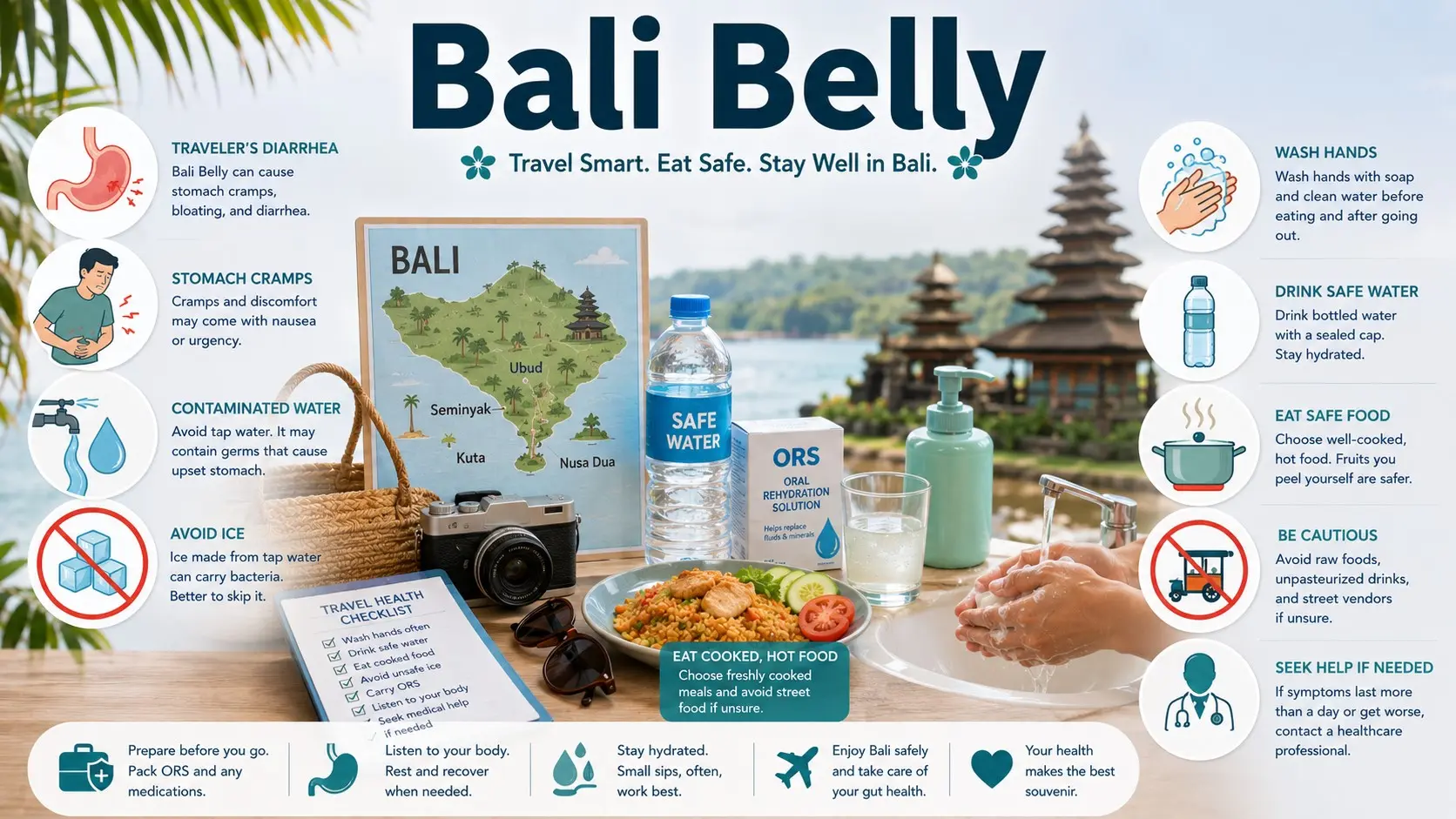 Bali Belly guide with traveler diarrhea icon, Bali travel map, contaminated food and water, stomach cramps, hydration, oral rehydration solution, safe food, handwashing, and doctor checklist icons.