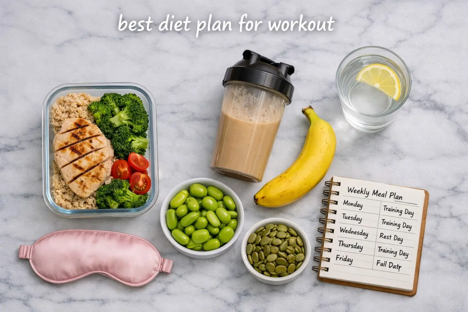 : Best diet plan for workout showing meal prep chicken rice protein shake banana and training schedule on white marble