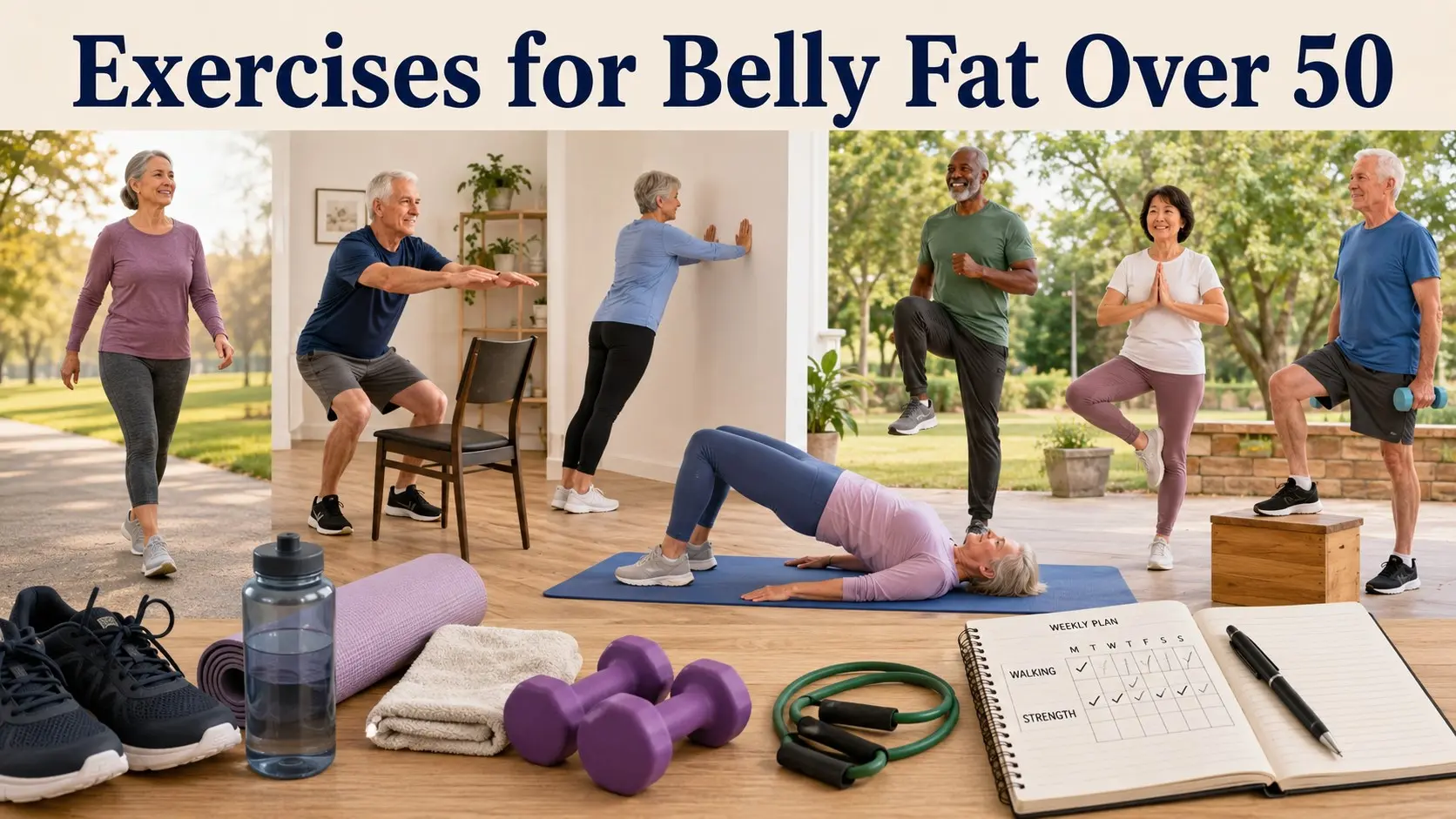 Exercises for Belly Fat Over 50 guide with older adults walking, doing chair squats, wall push ups, glute bridges, balance work, and safe core exercise