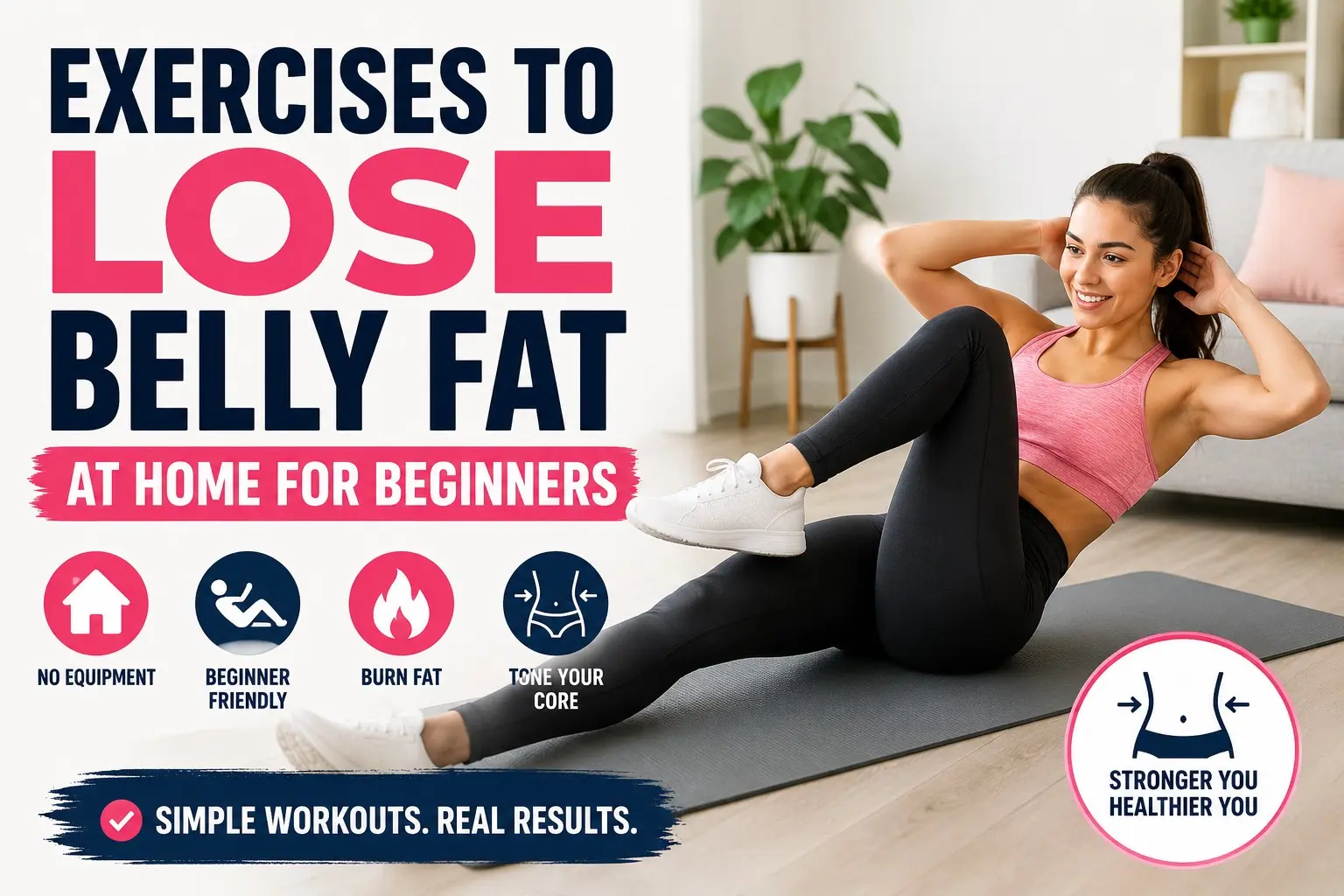Exercises to Lose Belly Fat at Home for Beginners - Beginner doing exercises to lose belly fat at home with safe cardio, strength, and core movements