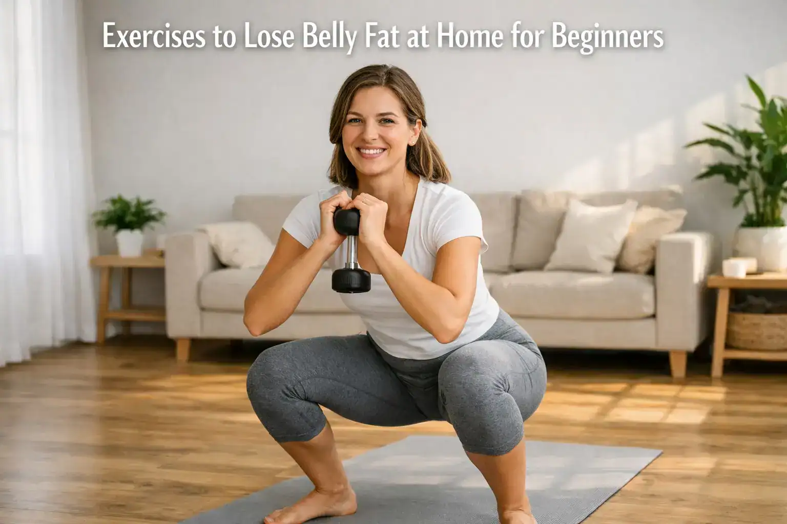 Beginner performing bodyweight squat exercise to lose belly fat at home — showing the most effective no-equipment home exercise for beginners targeting abdominal fat loss on a yoga mat
