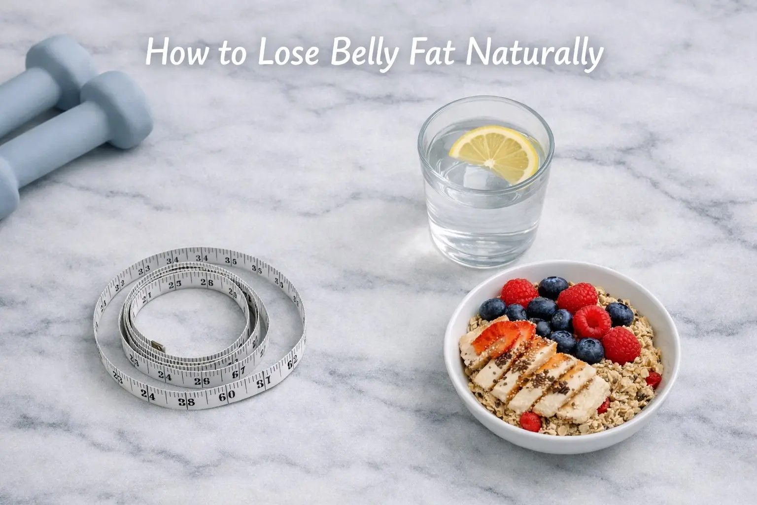 Tape measure oats water dumbbells representing how to lose belly fat naturally with diet and exercise