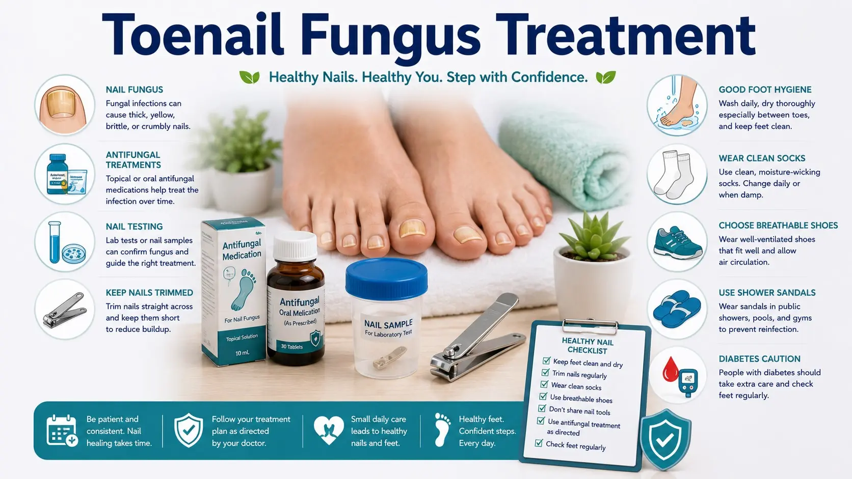 Toenail Fungus Treatment guide with thick yellow toenail icon, antifungal medicine, nail sample test, foot hygiene, clean socks, shower sandals, diabetes warning, and doctor checklist icons.