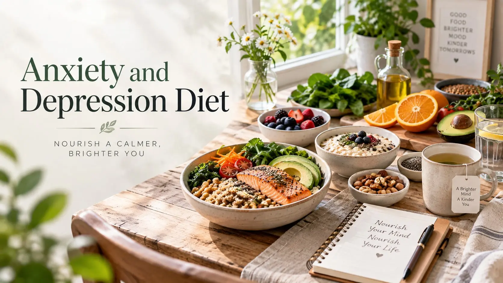 Mindful Eating for Mental Health with vegetables, whole grains, berries, lentils, salmon, nuts, yogurt, water, and a mindfulness journal