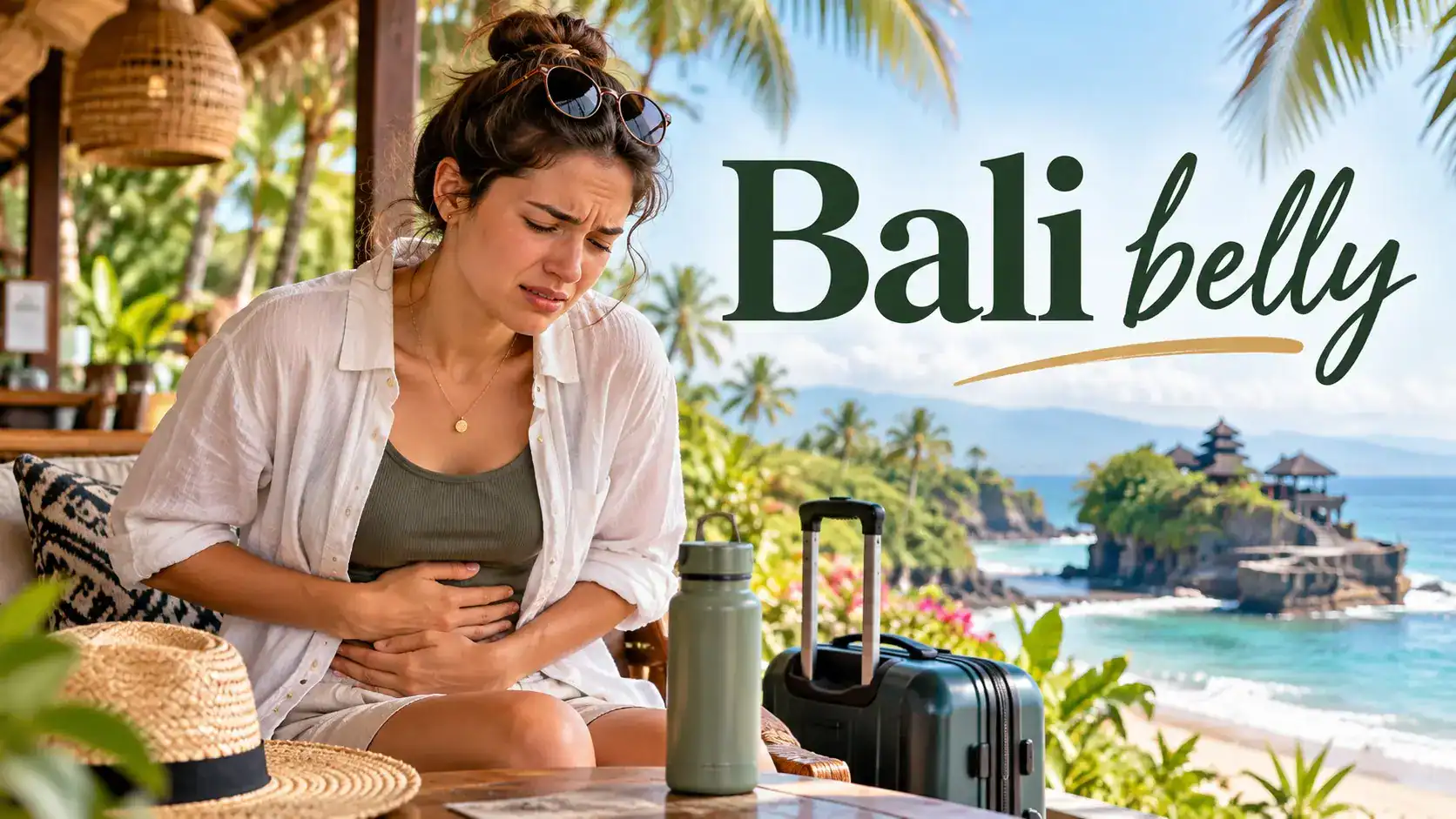 Bali belly showing travelers diarrhea recovery with safe water, oral rehydration, simple food, hand hygiene, and Bali travel setting