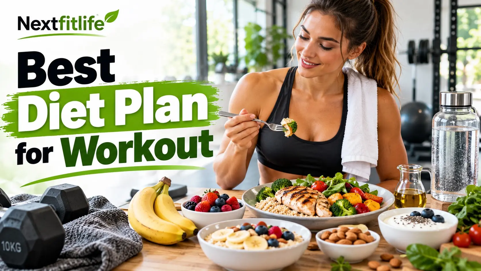 Best diet plan for workout results with protein, healthy carbs, vegetables, fruit, water, and workout equipment