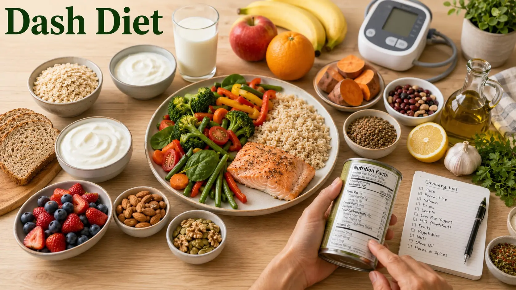 Dash Diet meal with vegetables, salmon, brown rice, fruit, beans, low fat yogurt, whole grains, unsalted nuts, herbs, and a blood pressure monitor.
