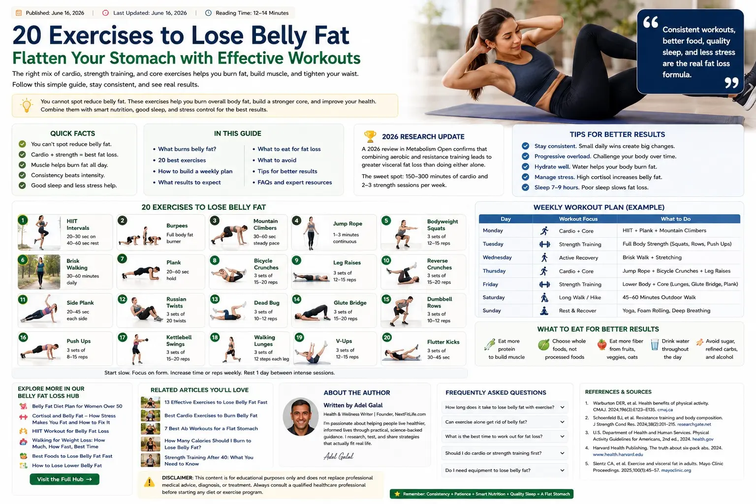 Exercises to Lose Belly Fat - Adults doing brisk walking, cycling, chair squats, resistance band rows, wall push ups, bridges, bird dogs, and side planks