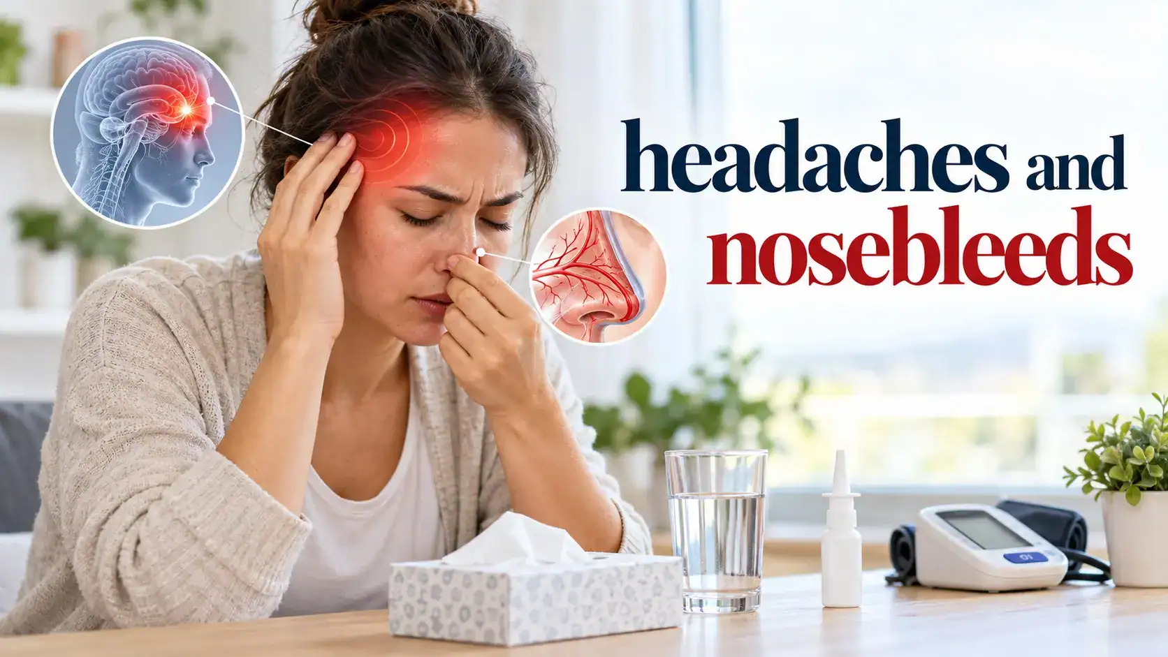 headaches and nosebleeds showing safe nosebleed first aid, headache symptoms, nasal blood vessels, and blood pressure assessment