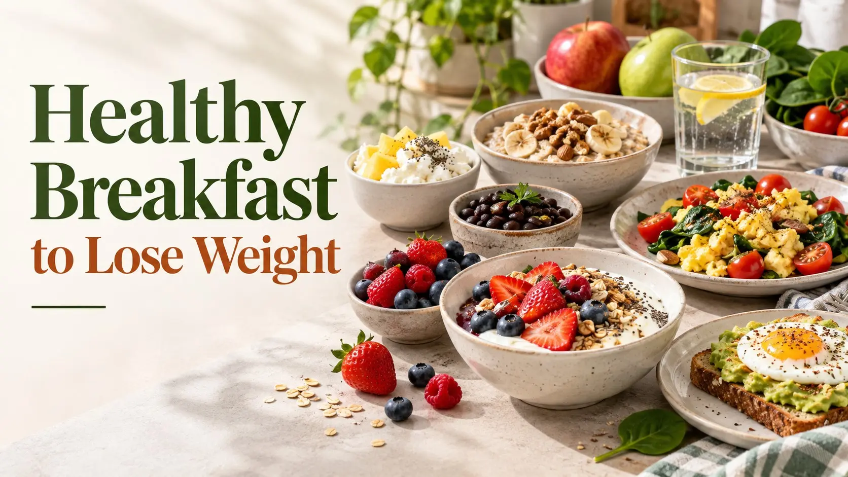 Healthy Breakfast to Lose Weight with Greek yogurt, berries, oats, eggs, vegetables, whole grain toast, fruit, and other filling foods