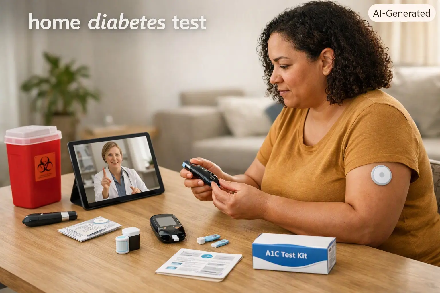 home diabetes test- Adult using a home glucose meter beside a CGM, test strips, lancing device, sharps container, and home A1C kit.