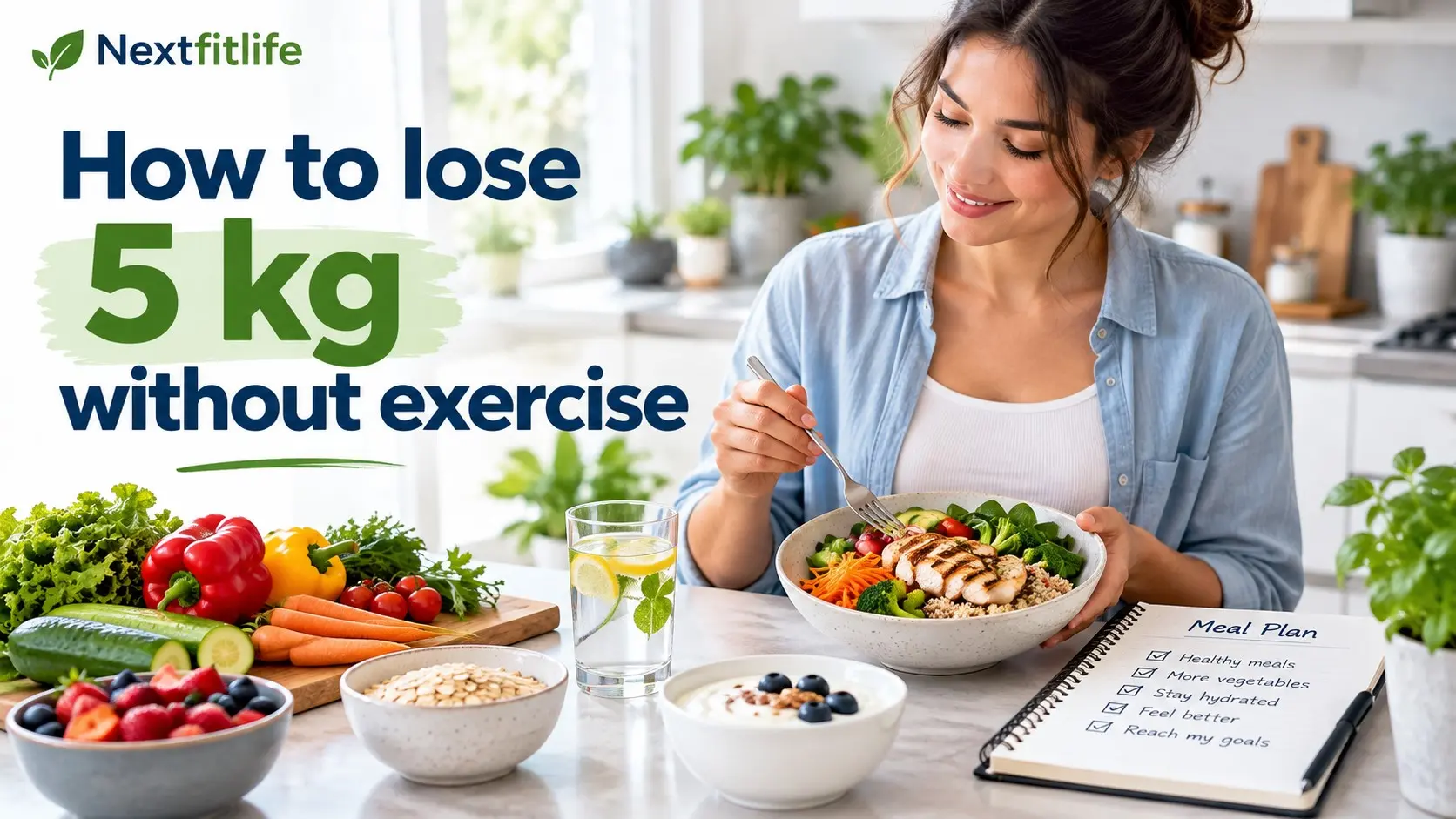 How to lose 5 kg without exercise with balanced meals, portion control, protein, vegetables, water, sleep, and meal planning