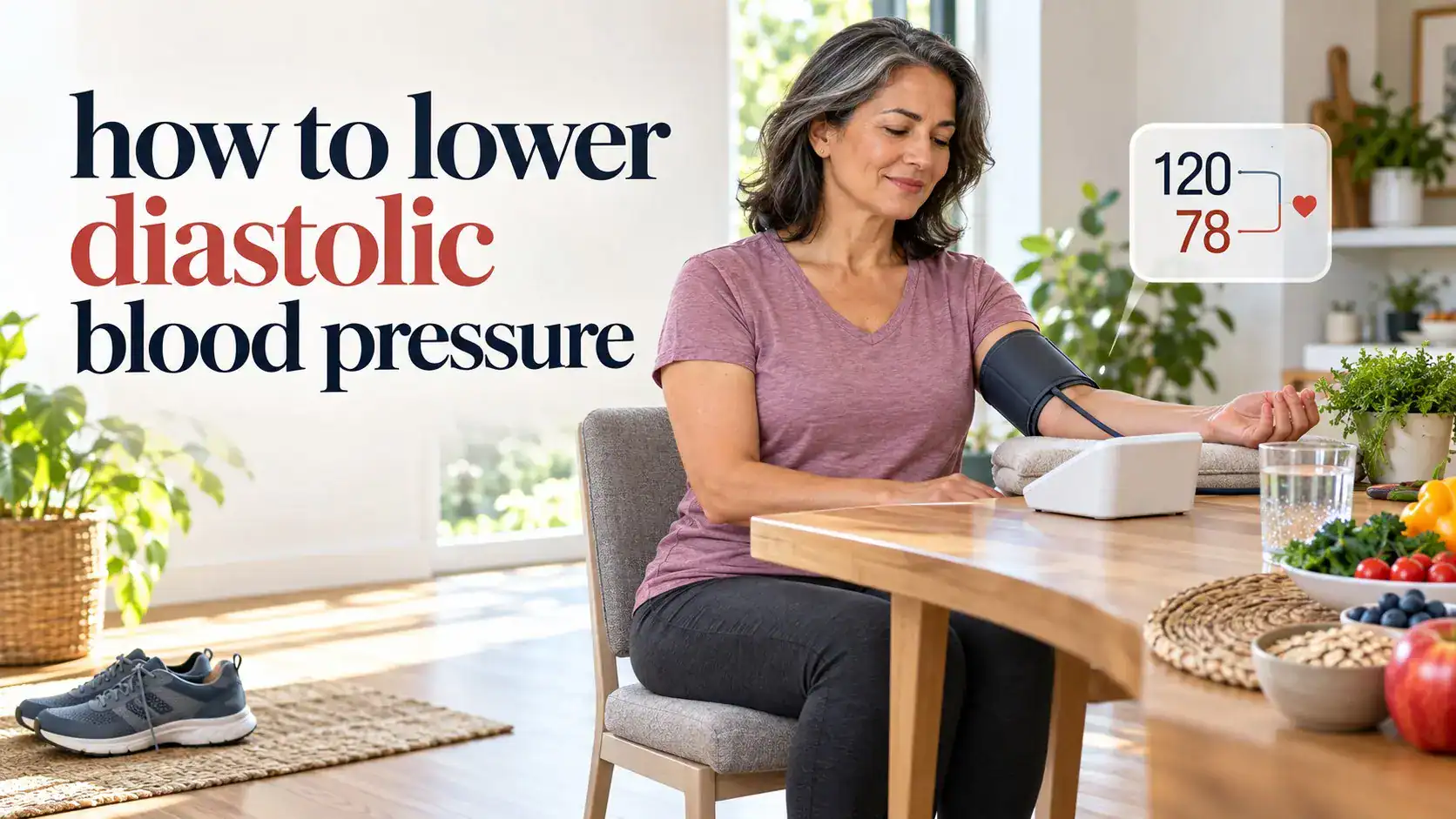 how to lower diastolic blood pressure with accurate home monitoring, DASH foods, exercise, and healthy lifestyle changes