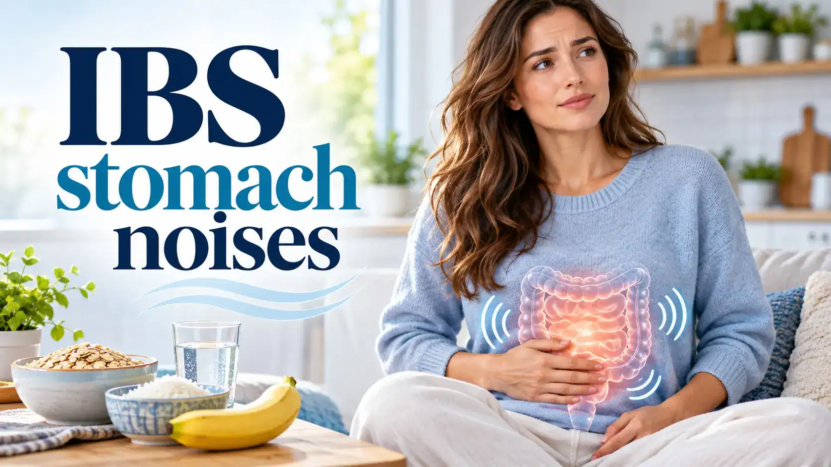 IBS stomach noises showing bowel gurgling, gas and bloating, gut movement, food tracking, and practical IBS symptom management