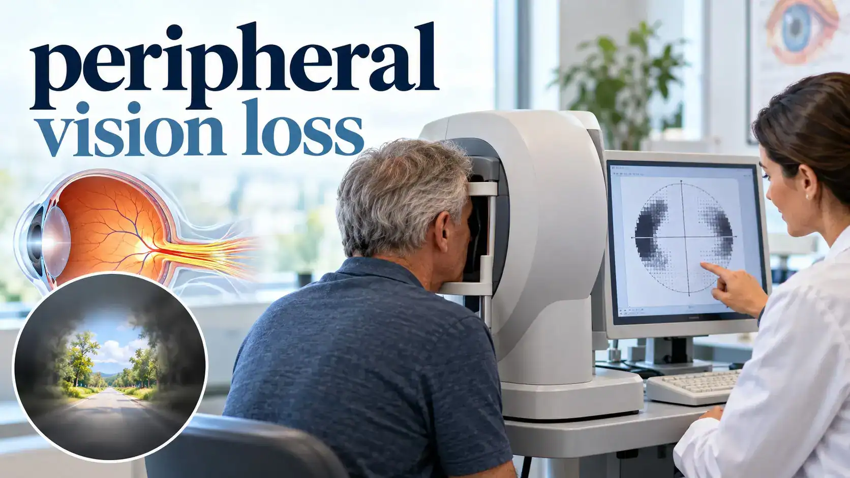 peripheral vision loss visual field testing for glaucoma, retinal disease, optic nerve damage, and side vision changes