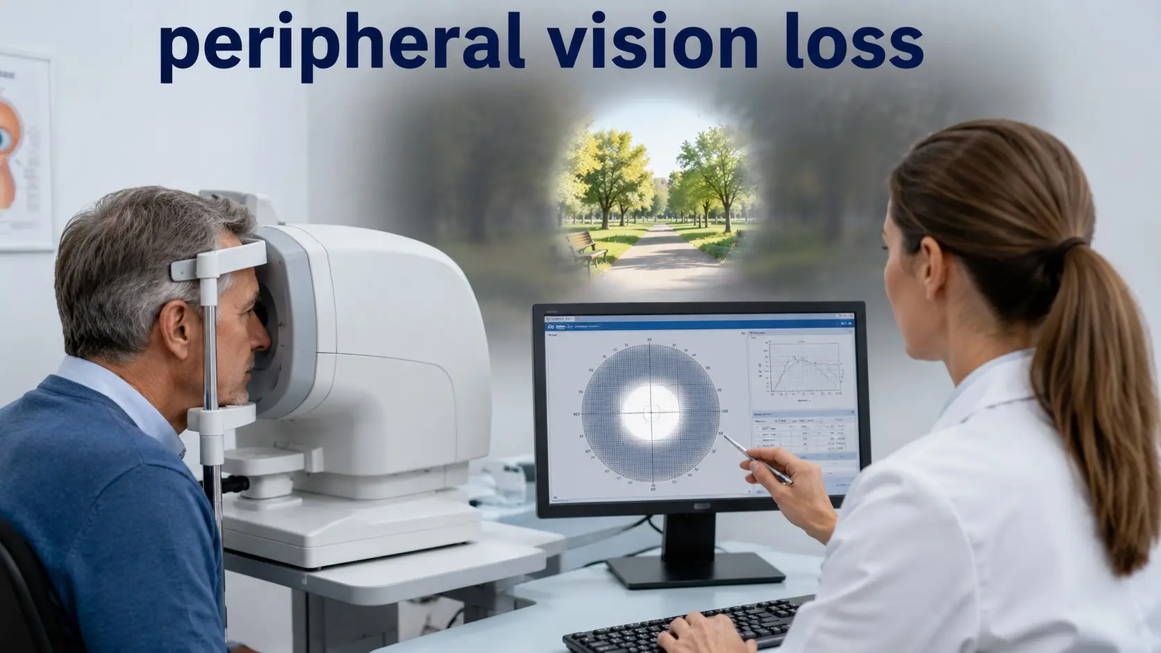 Patient completing a visual-field test to investigate peripheral vision loss at an eye clinic.