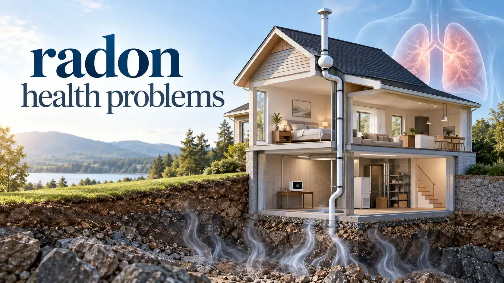 radon health problems showing indoor radon entering a home, radon testing, mitigation, and long term lung cancer risk