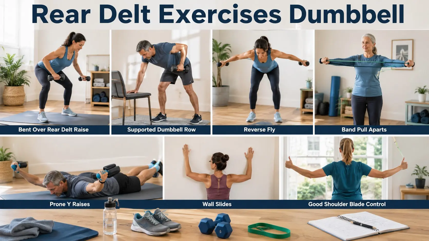 Rear Delt Exercises Dumbbell guide with adults doing safe rear delt raises, rows, reverse flys, band pull aparts, and shoulder blade control