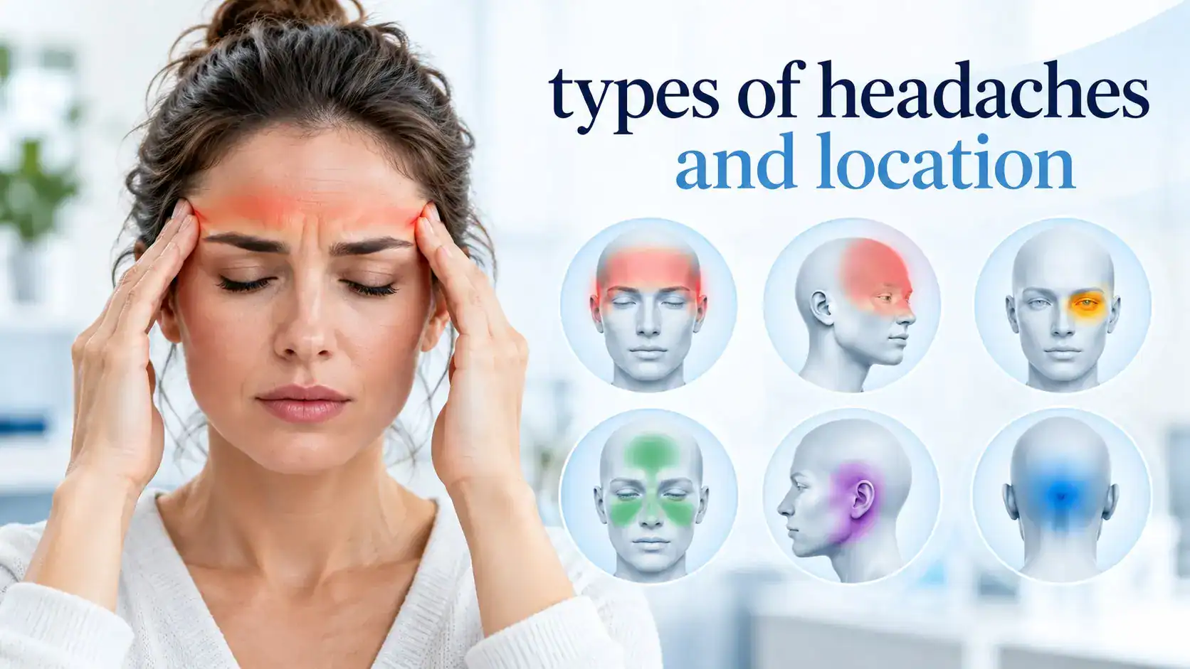 types of headaches and location showing migraine, tension headache, cluster headache, sinus pain, temple pain, and back of head pain