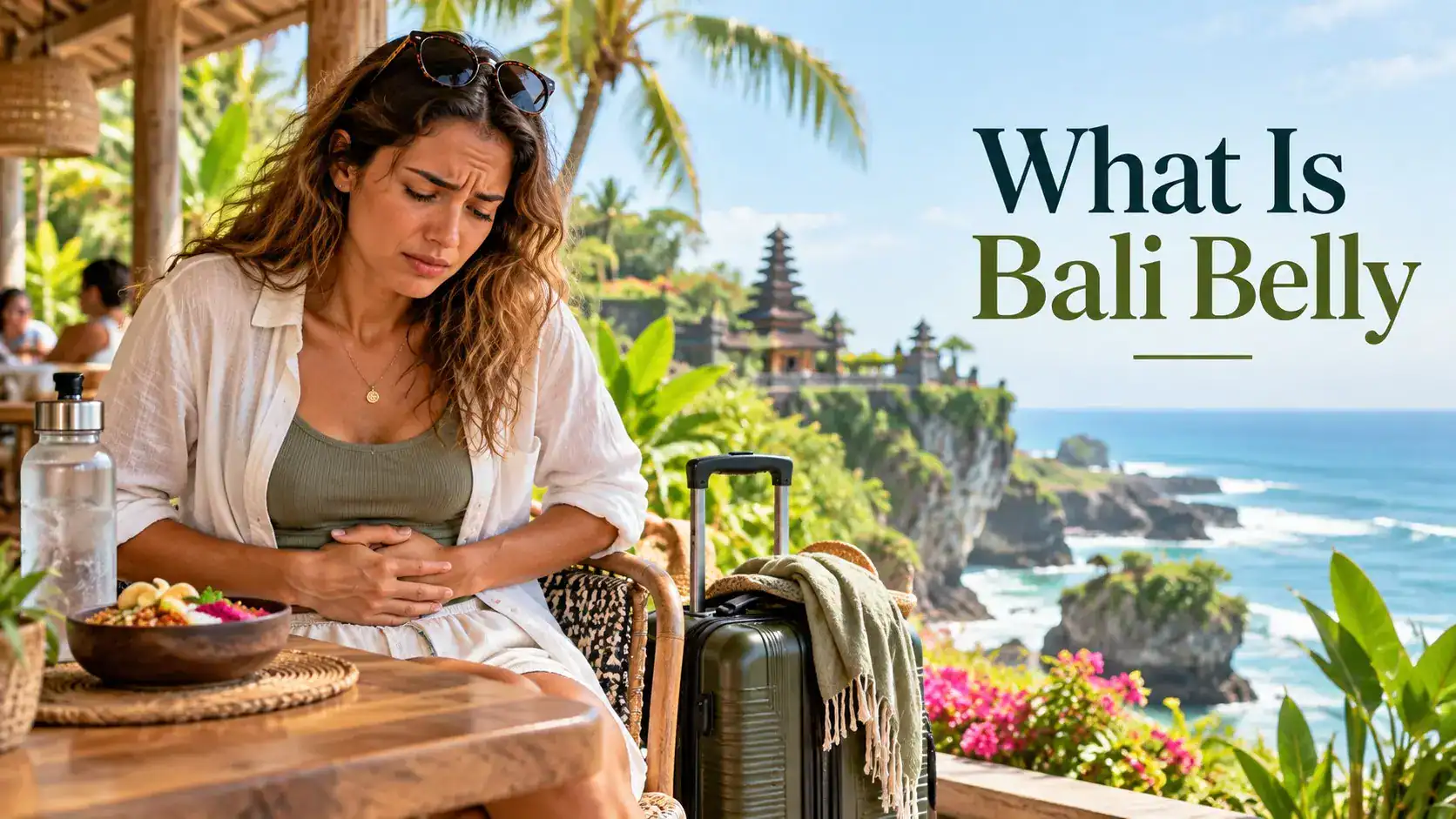 What Is Bali Belly traveler holding stomach during a Bali holiday