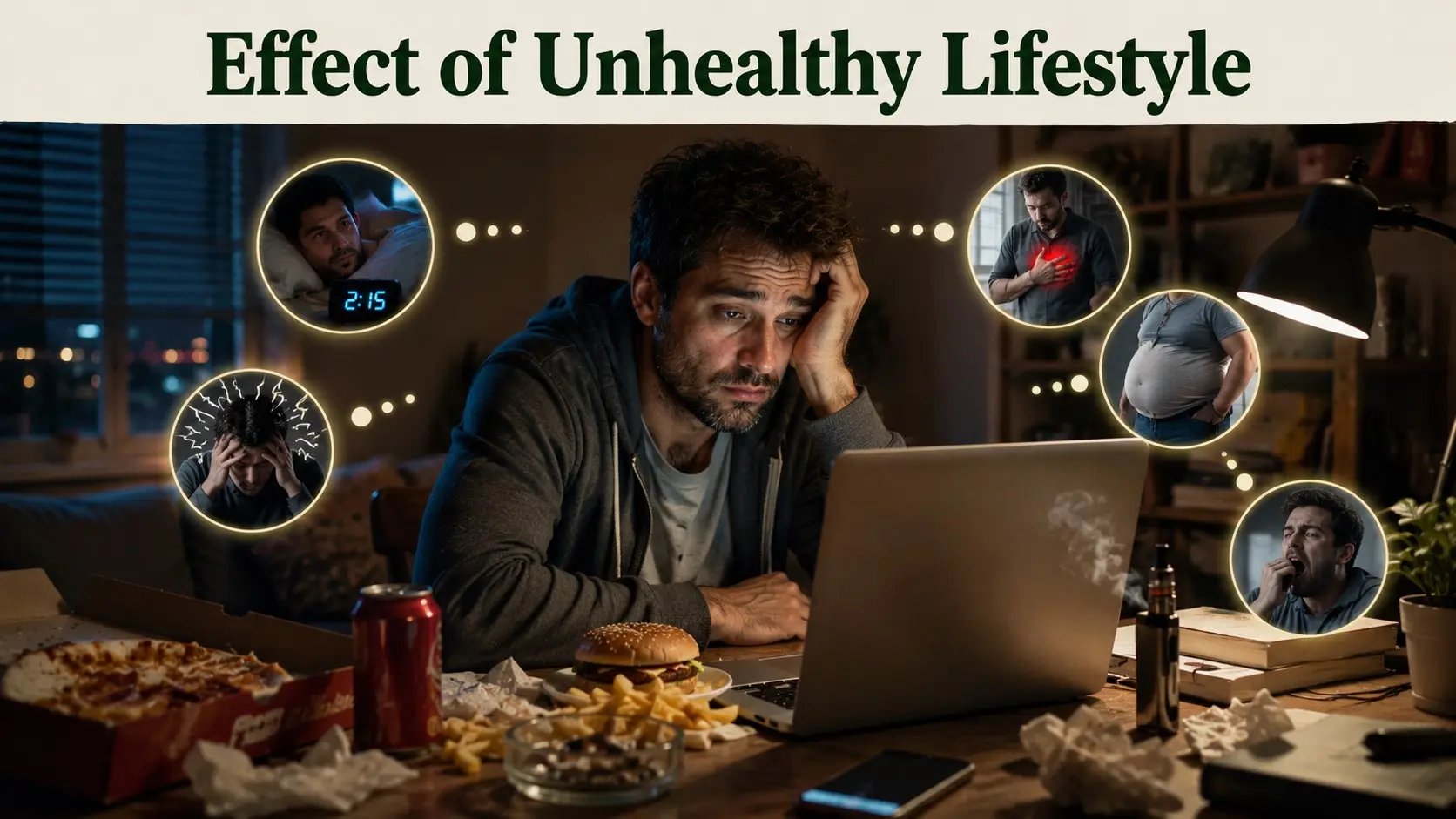 Tired adult at night surrounded by fast food, soda, cigarettes, and visual reminders of the effects of Unhealthy Lifestyle.