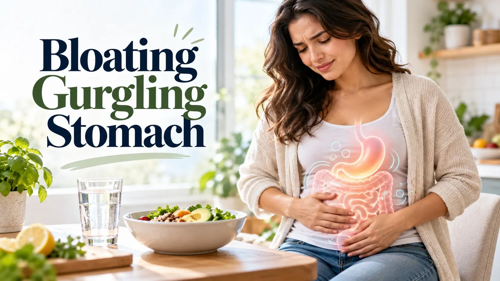 Bloating gurgling stomach showing abdominal bloating, digestive noises, gas, and common food triggers