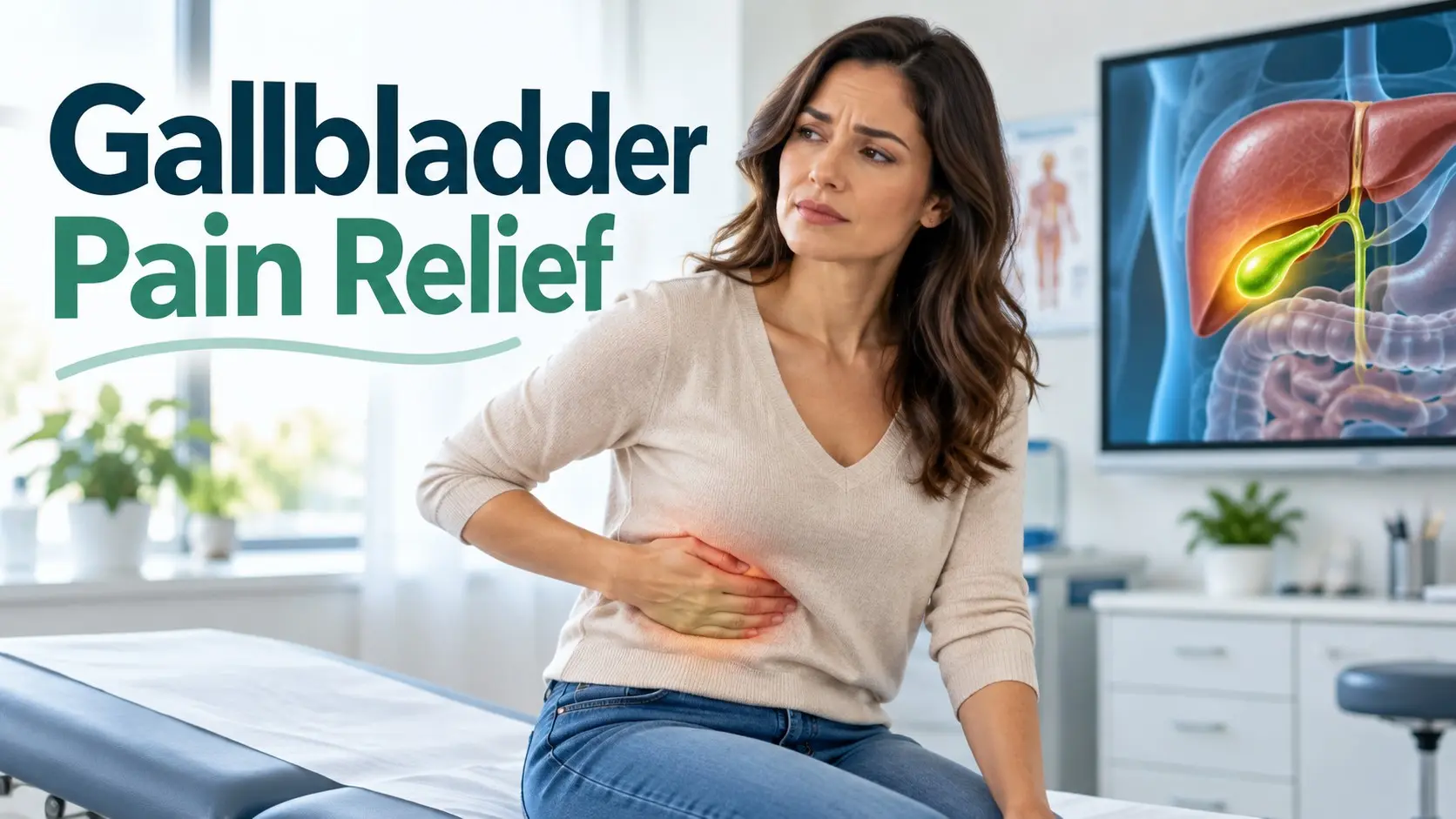 Gallbladder pain relief consultation showing upper right abdominal pain, gallstones, and medical evaluation