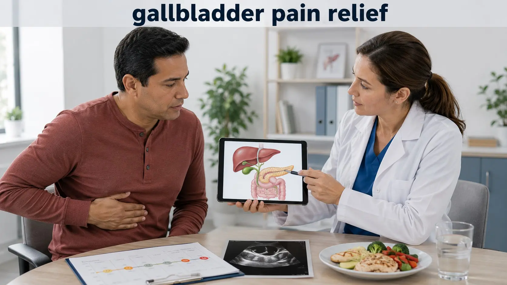 Patient discusses gallbladder pain relief, gallstones, and diagnostic testing with a healthcare professional.