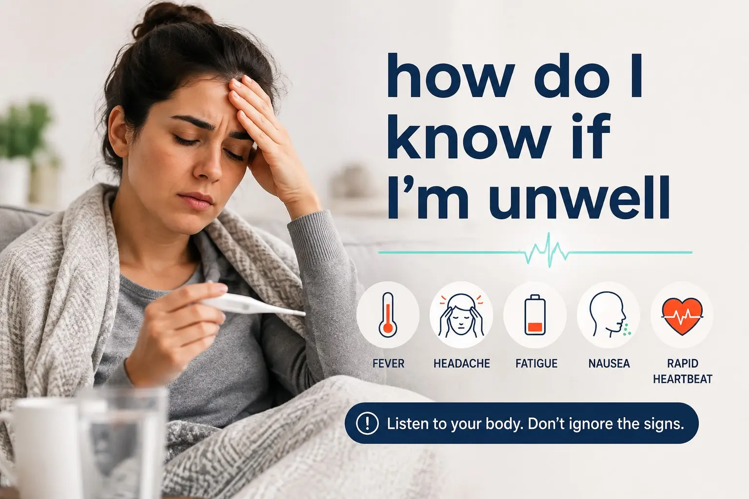 how do I know if I'm unwell - Adult noticing possible signs of being unwell such as fatigue, headache, dizziness, fever, pain, and changes from normal health
