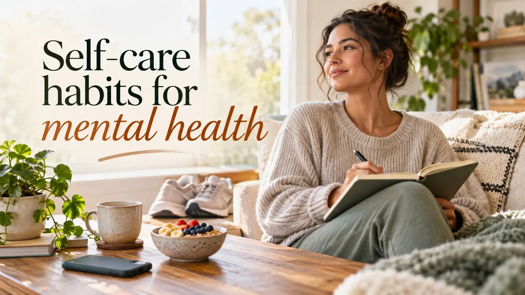 Self-care habits for mental health shown through walking, sleep, journaling, breathing, healthy meals, rest, and social connection