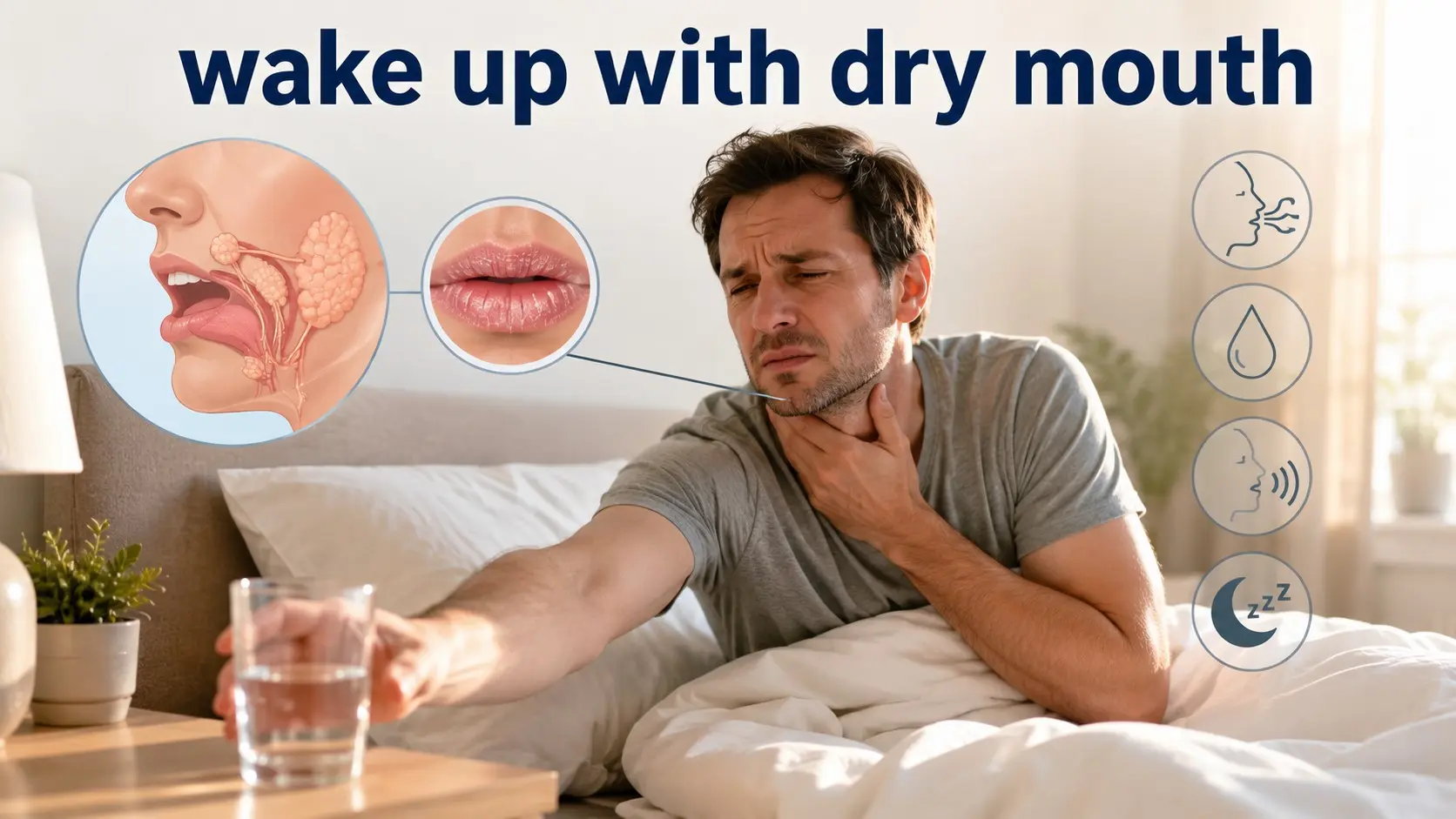 Wake up with dry mouth guide showing mouth breathing, nighttime dryness, water, saliva loss, snoring, sleep apnea and safe relief